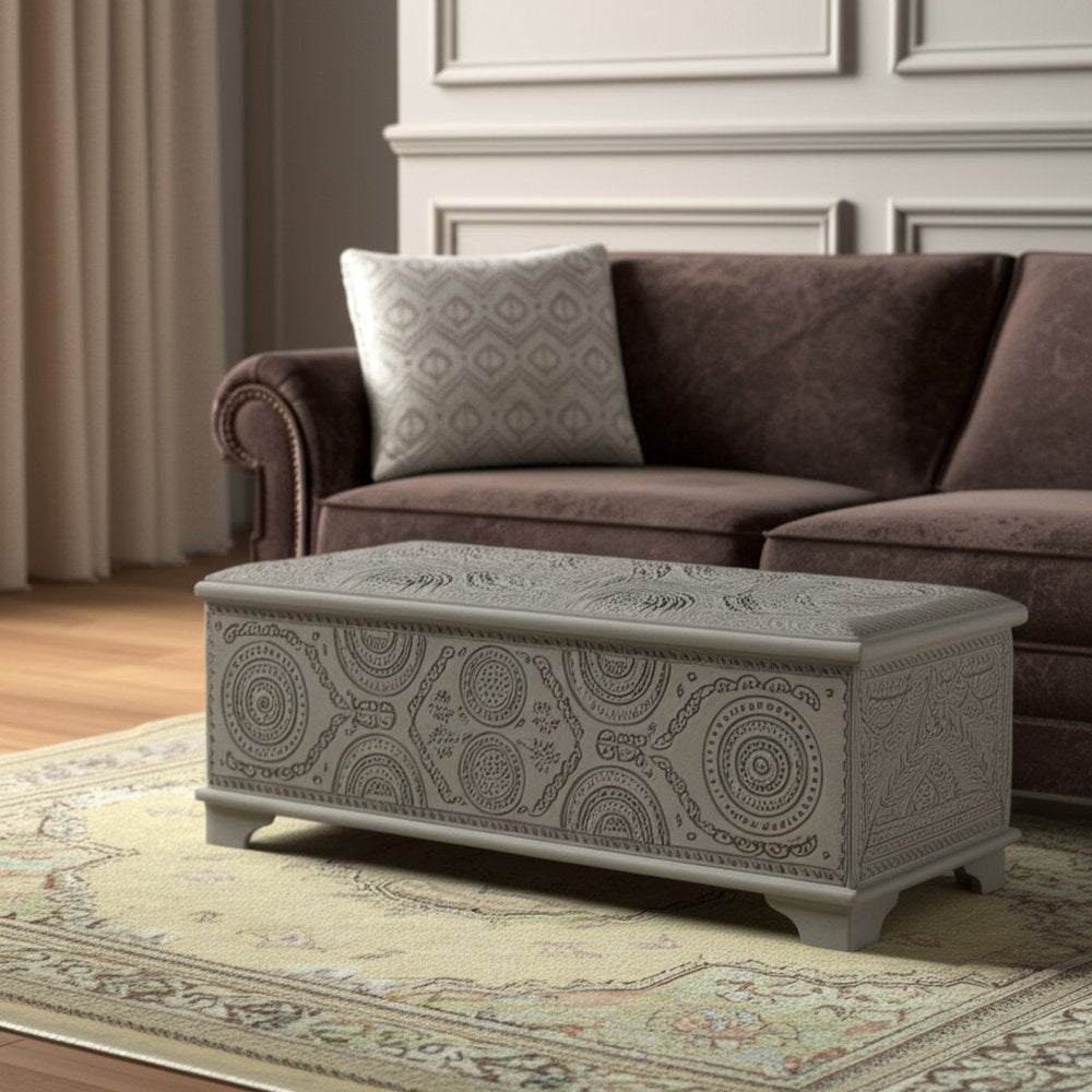 54" Gray Carved Geo Scroll Solid Wood Storage Ottoman