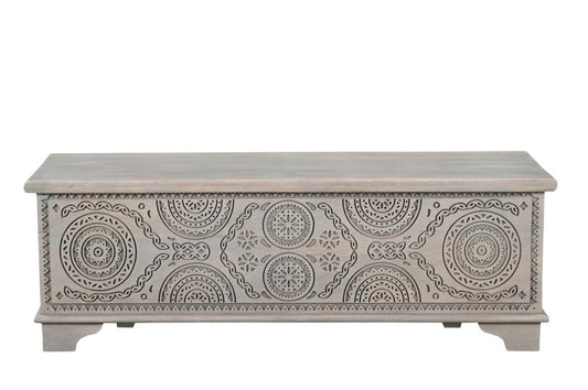 54" Gray Carved Geo Scroll Solid Wood Storage Ottoman