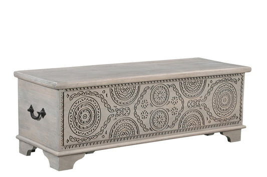54" Gray Carved Geo Scroll Solid Wood Storage Ottoman
