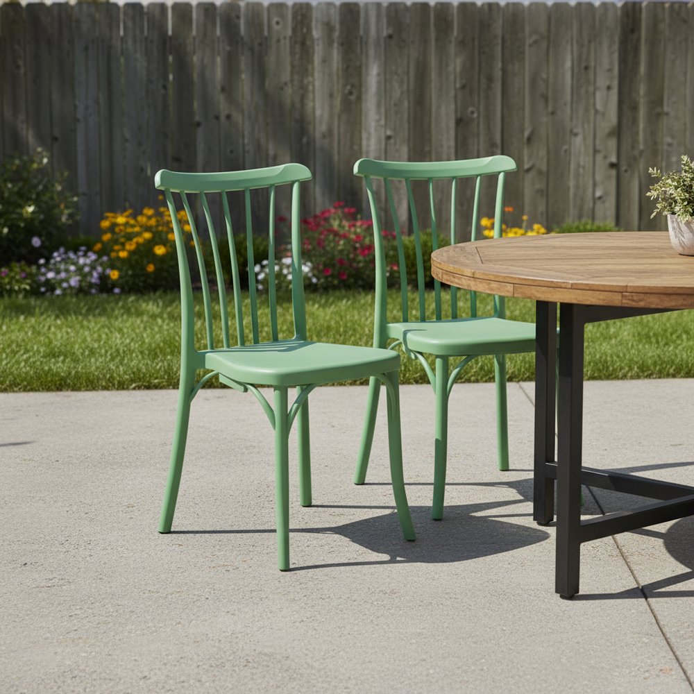 Set of Two Green Heavy Duty Plastic Outdoor Stacking Dining Chairs