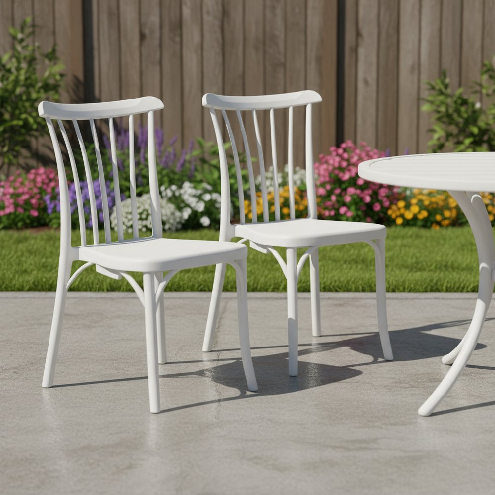 Set of Two White Heavy Duty Plastic Outdoor Stacking Dining Chairs