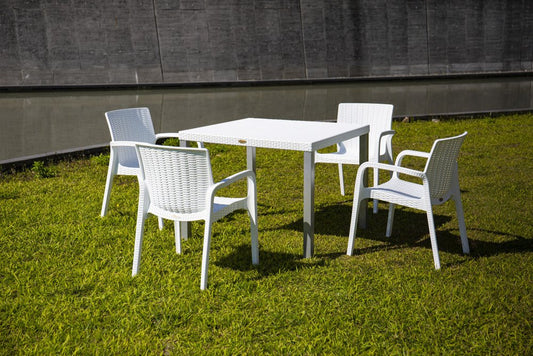 Set of Two White Faux Rattan Heavy Duty Plastic Outdoor Stacking Arm Chairs