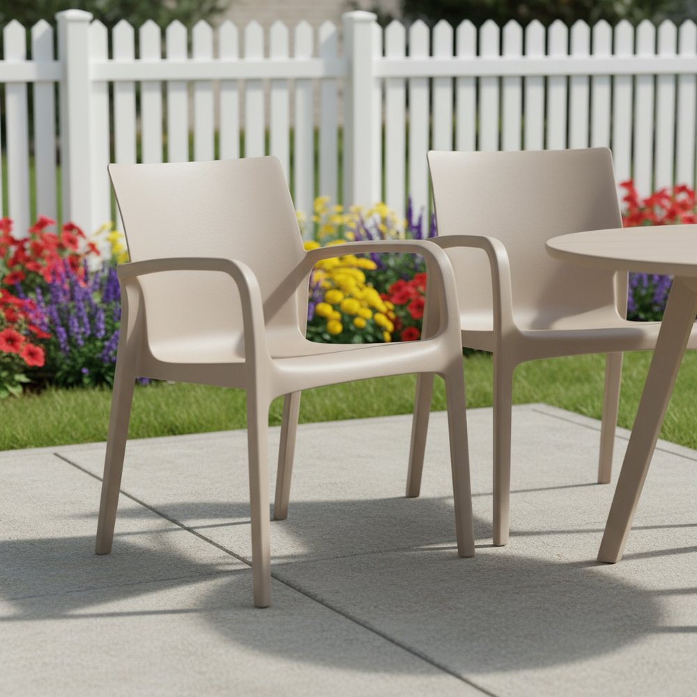Set of Two Taupe Heavy Duty Plastic Outdoor Stacking Dining Chairs