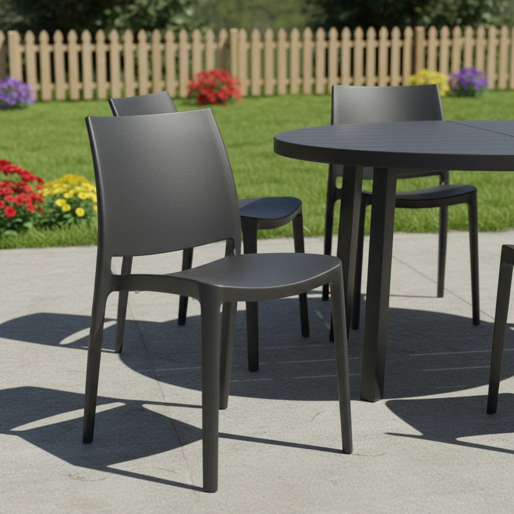 Set of Four Dark Gray Heavy Duty Plastic Outdoor Stacking Dining Chairs