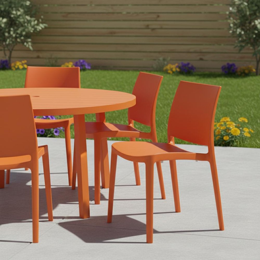 Set of Four Orange Heavy Duty Plastic Outdoor Stacking Dining Chairs