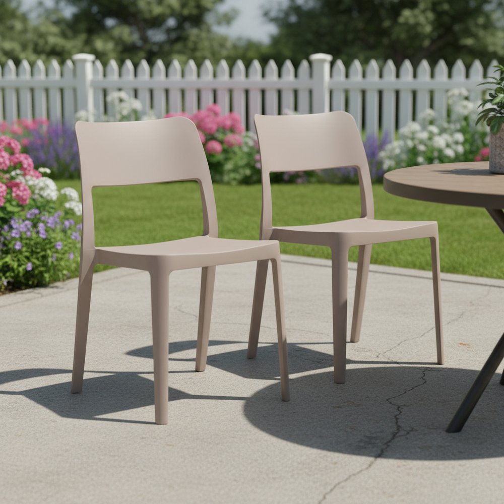Set of Two Taupe Heavy Duty Plastic Outdoor Stacking Accent Chairs