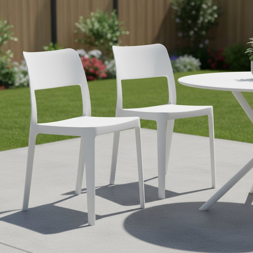 Set of Two White Heavy Duty Plastic Outdoor Stacking Accent Chairs