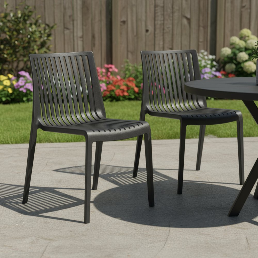 Set of Two Black Heavy Duty Plastic Outdoor Stacking Accent Chairs