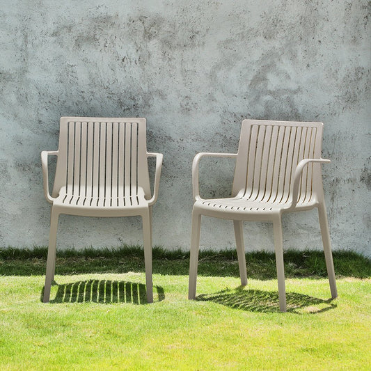 Set of Two Taupe Heavy Duty Plastic Outdoor Stacking Arm Chairs