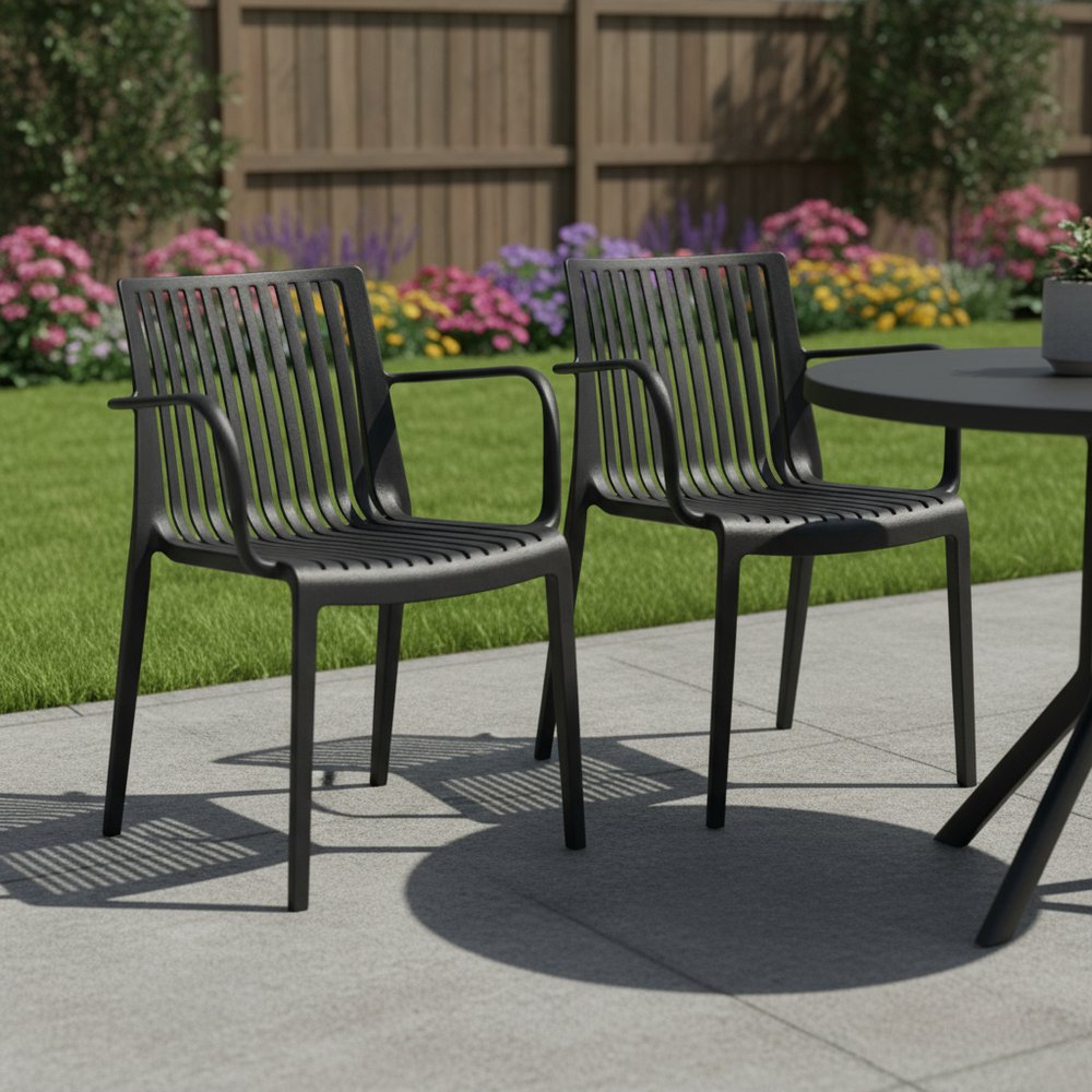 Set of Two Black Heavy Duty Plastic Outdoor Stacking Arm Chairs