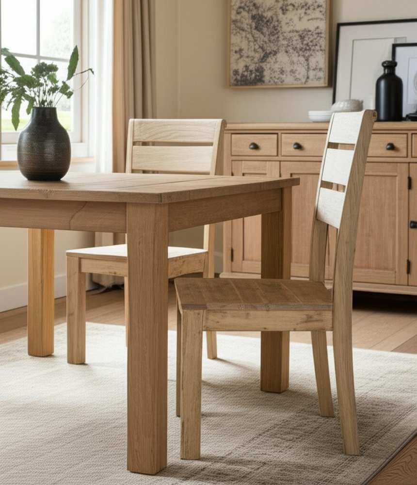 Set of Two Beige Solid Wood Ladder Back Dining Side Chairs