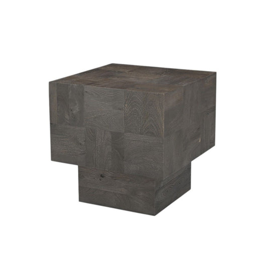 22" Gray Distressed Solid Wood Square Block End Table