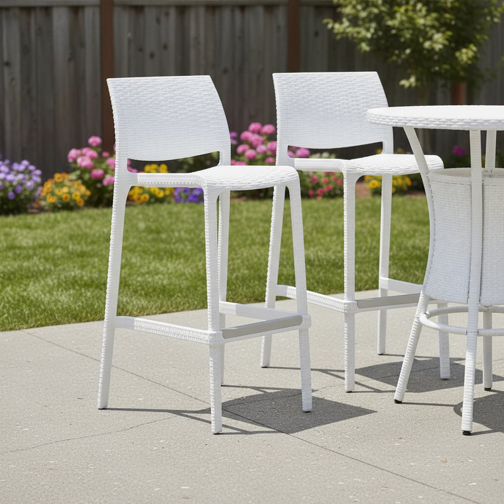 Set of Two 30" White Faux Rattan Low Back Outdoor Bar Height Chairs