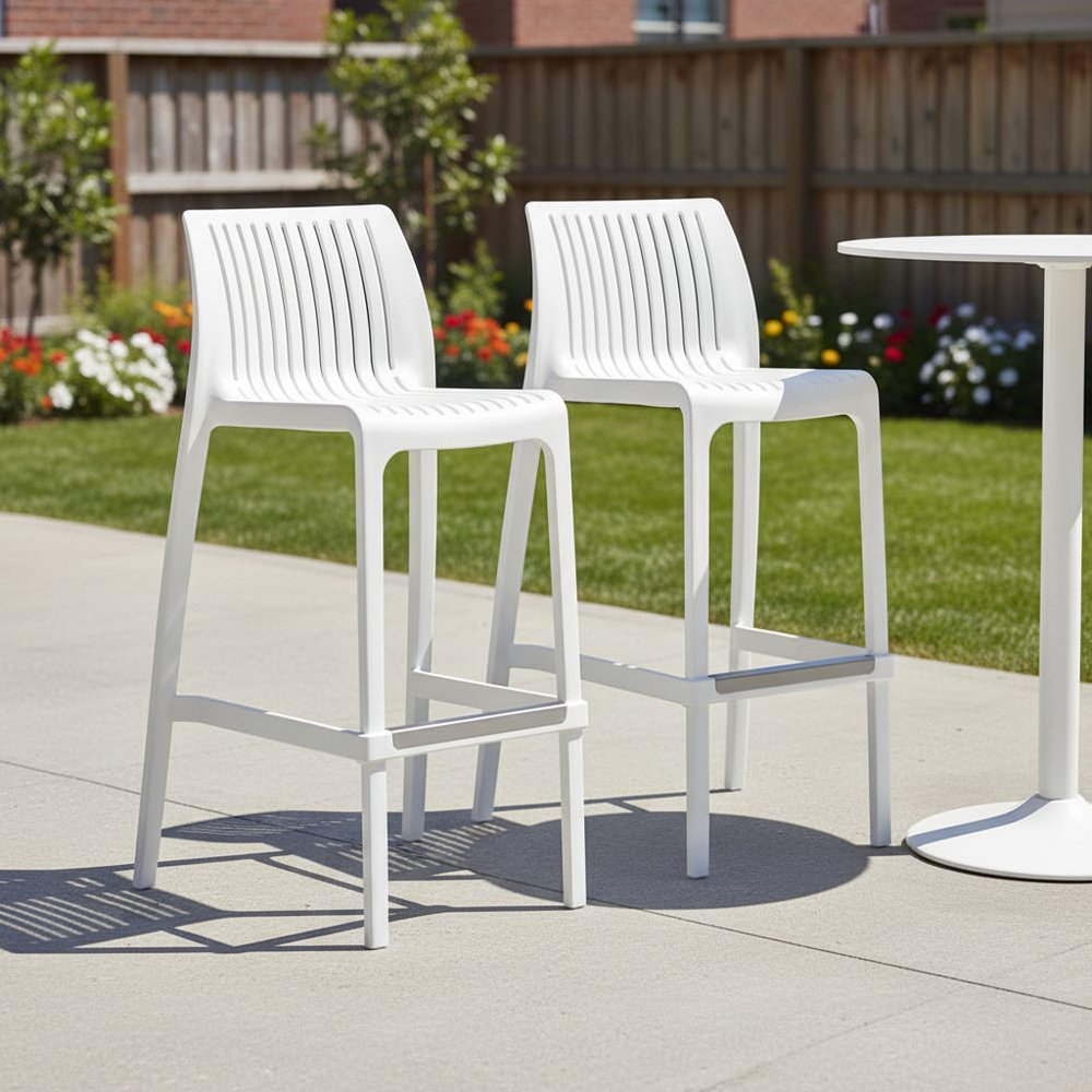Set of Two 30" White Heavy Duty Plastic Low Back Outdoor Bar Height Chairs