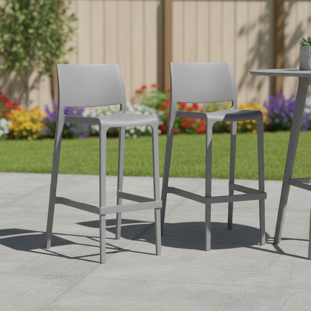 Set of Two 30" Gray Heavy Duty Plastic Low Back Outdoor Bar Height Chairs
