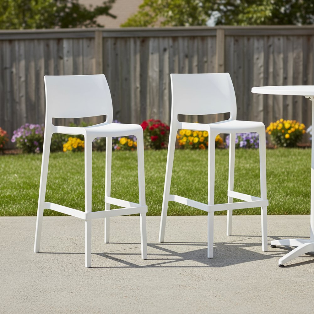 Set of Two 30" White Heavy Duty Plastic Low Back Outdoor Bar Height Chairs