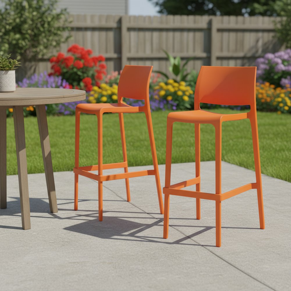 Set of Two 30" Orange Heavy Duty Plastic Low Back Outdoor Bar Height Chairs