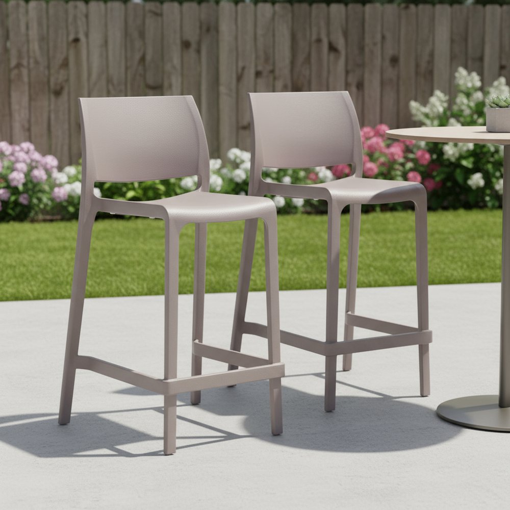 Set of Two 26" Taupe Heavy Duty Plastic Low Back Outdoor Counter Height Bar Chairs