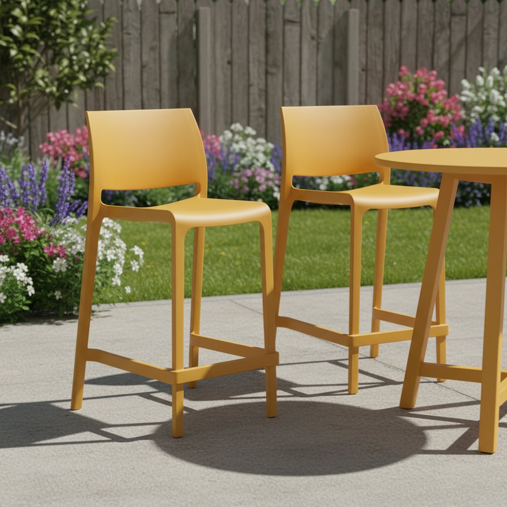 Set of Two 26" Gold and Yellow Heavy Duty Plastic Low Back Outdoor Counter Height Bar Chairs