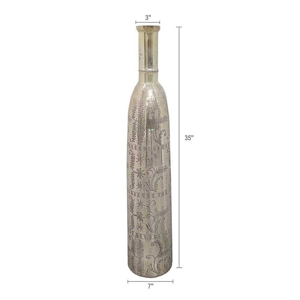 35" Silver Floral Glass Cylinder Floor Vase