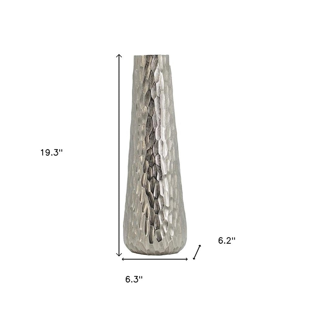 19" Silver Cast Aluminum Carved Geometric Table Vase
