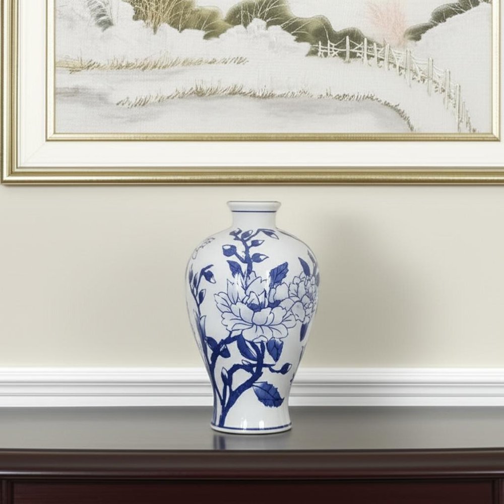 10" Blue And White Floral Round Porcelain Table Vase