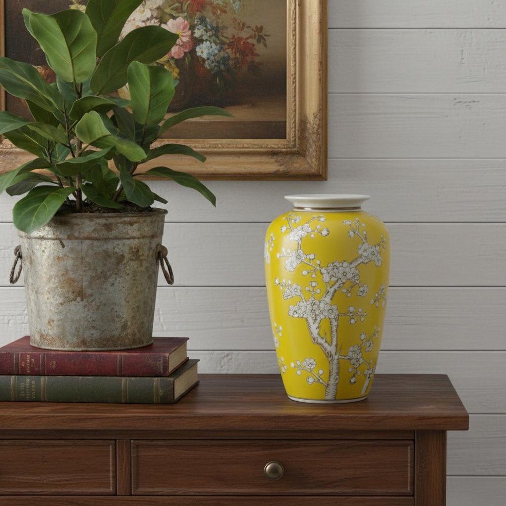 11" Yellow and White Porcelain Floral Round Table Vase