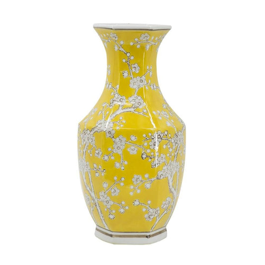 14" Yellow And White Chinoiserie Floral Porcelain Table Vase