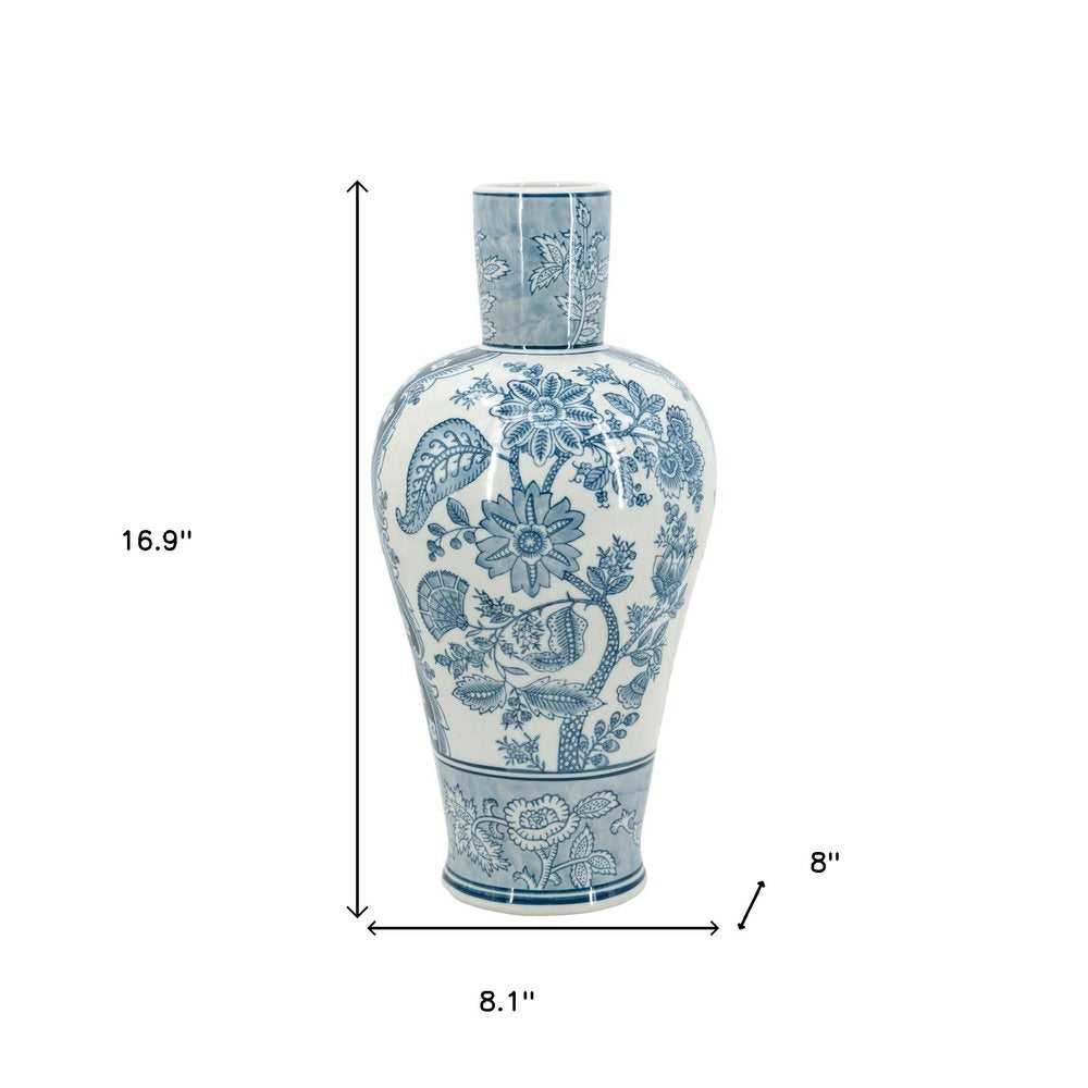 17" Light Blue And White Floral Round Porcelain Table Vase