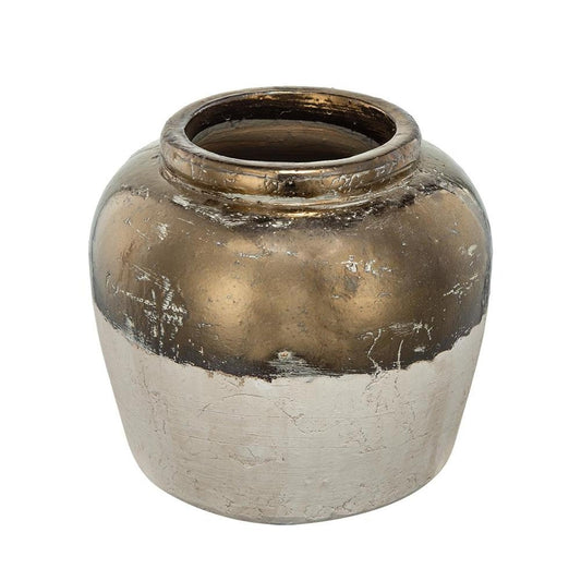 11" Antiqued Bronze And Light Gray Color Block Ceramic Round Table Vase