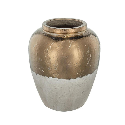16" Antiqued Bronze And Light Gray Color Block Ceramic Round Jug Vase