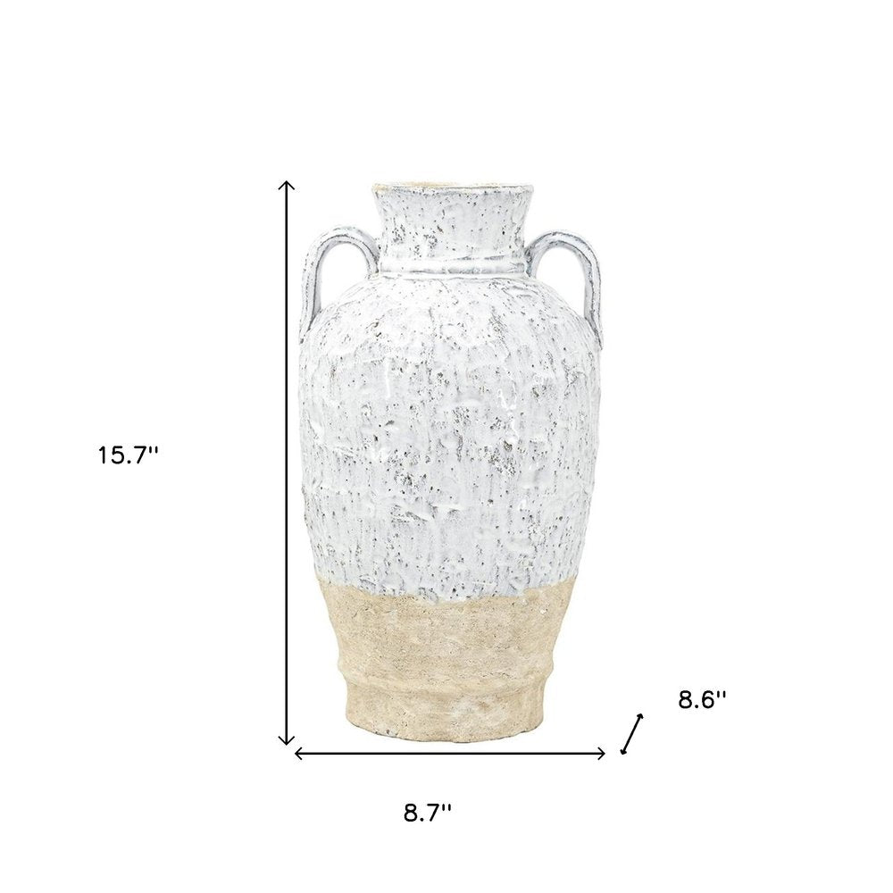 16" Beige And Ivory Amphora Terracotta Urn