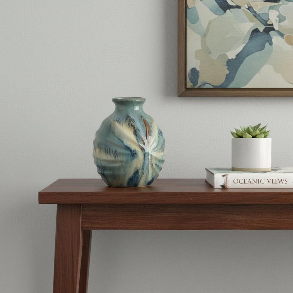 11" Blue Beige And Brown Abstract Round Ceramic Table Vase