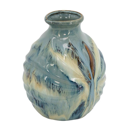 11" Blue Beige And Brown Abstract Round Ceramic Table Vase