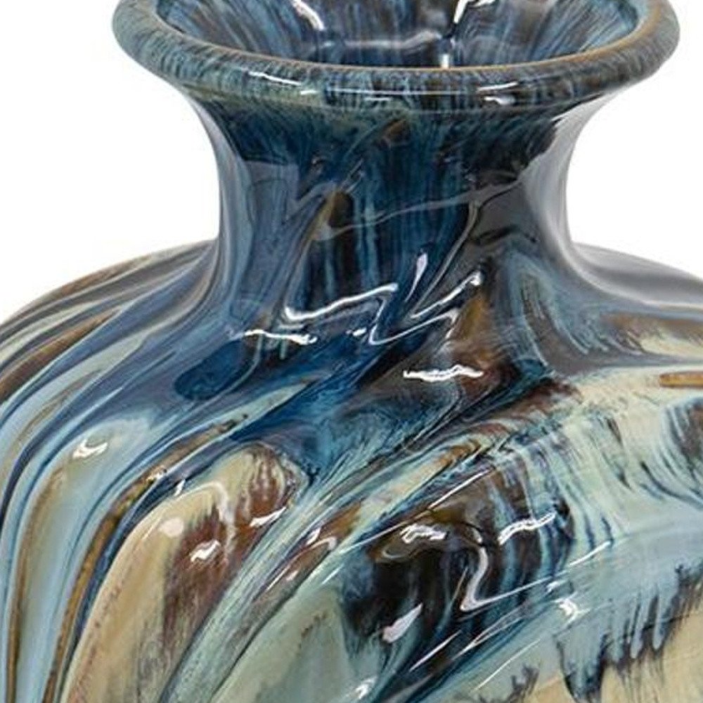 16" Ivory and Blue Ceramic Abstract Round Table Vase