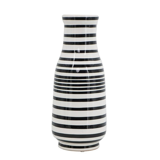 18" Black And White Hand Painted Stripe Ceramic Table Vase