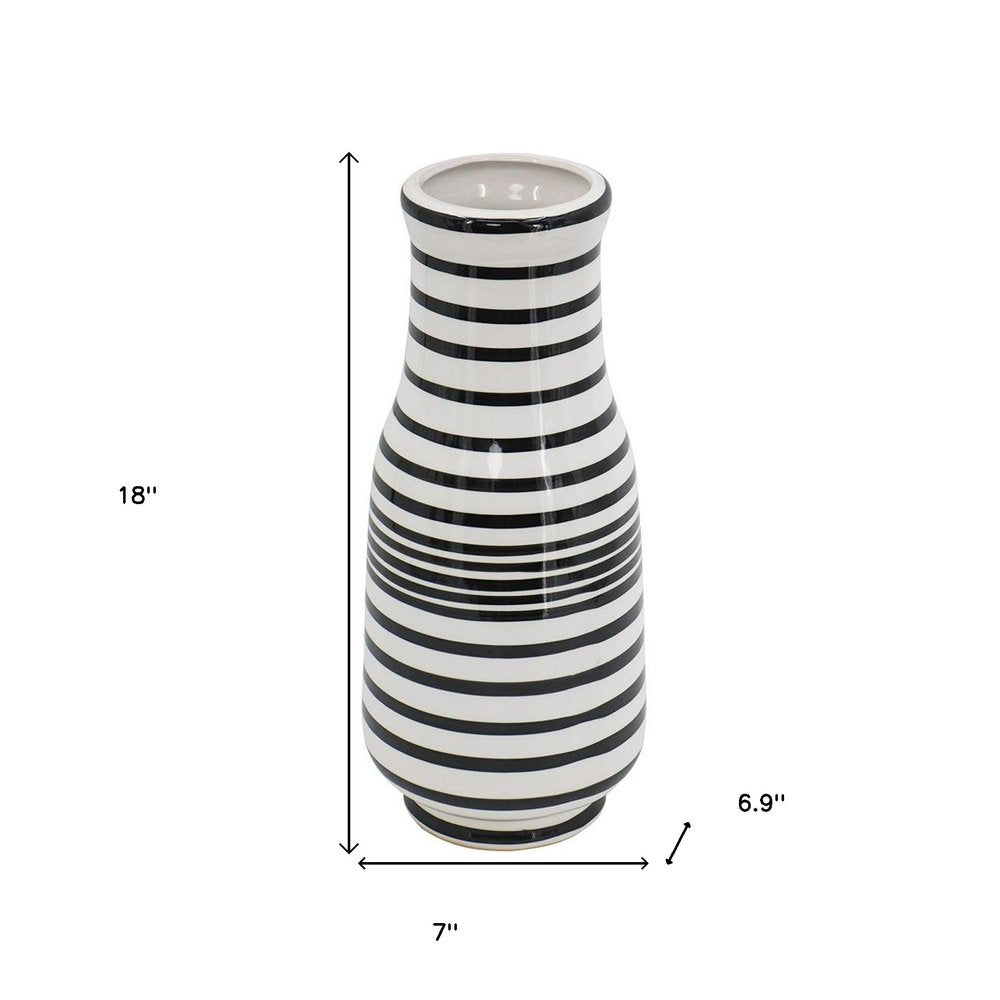 18" Black And White Hand Painted Stripe Ceramic Table Vase