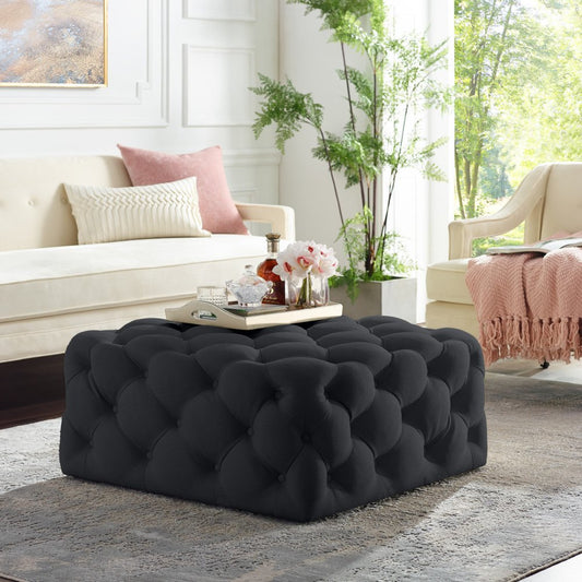 33" Black Velvet Rolling Tufted Cocktail Ottoman