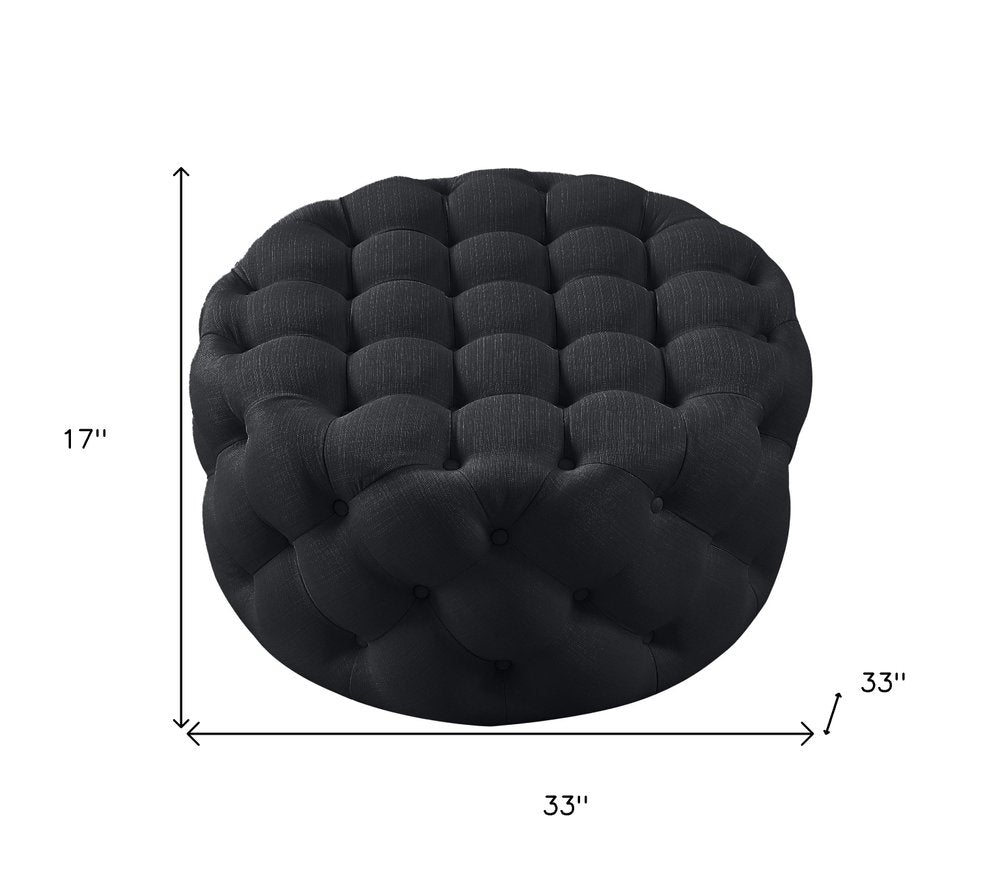 33" Black Linen Tufted Round Cocktail Ottoman