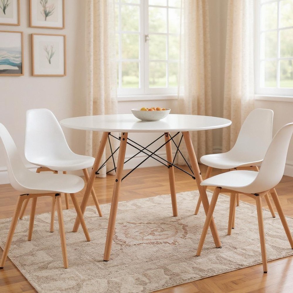 32" White and Natural Wood Round Top Dining Table