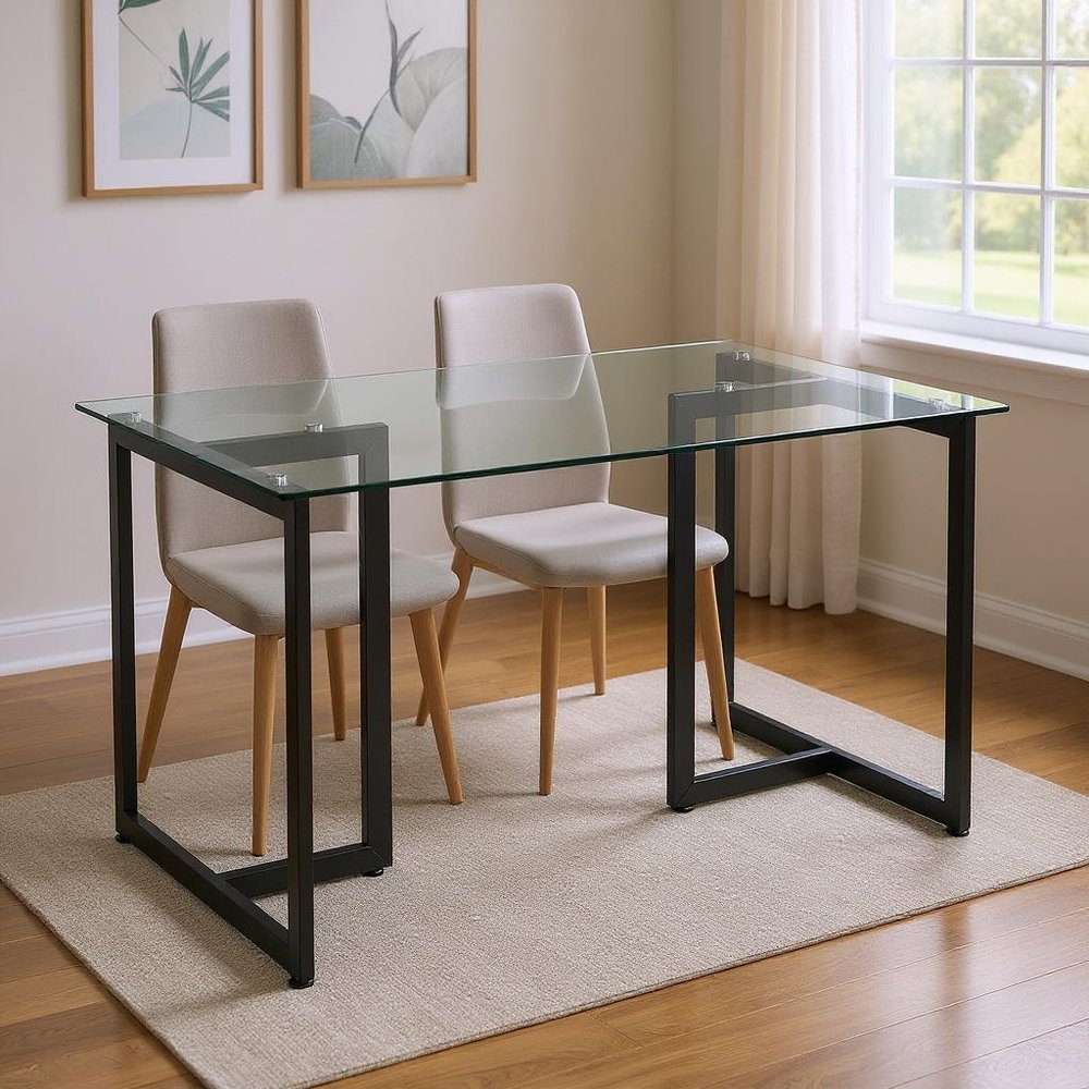 47" Clear And Black Glass And Metal Dining Table