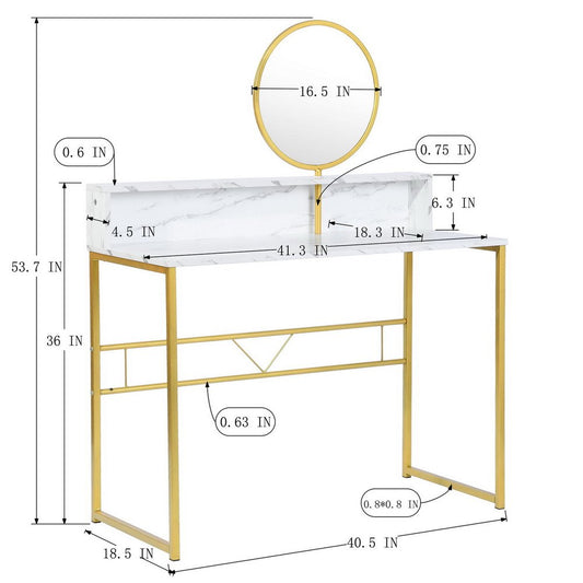 41" White And Gold Faux Marble and Steel Vanity Table with Mirror