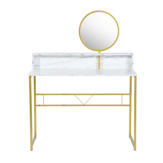 41" White And Gold Faux Marble and Steel Vanity Table with Mirror