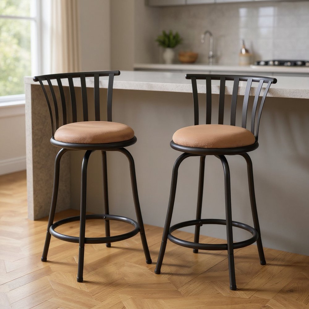 Set of Two 24" Brown and Black Microfiber and Metal Low Back Counter Height Swivel Bar Chairs