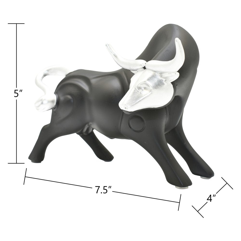 5" Black And Silver Resin Bull Tabletop Sculpture