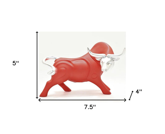 5" Red And Silver Resin Bull Tabletop Sculpture