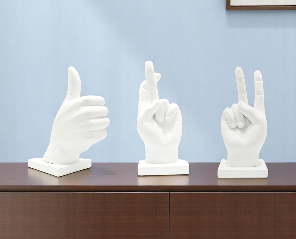 Set of Three White Resin Hand Tabletop Sculpture