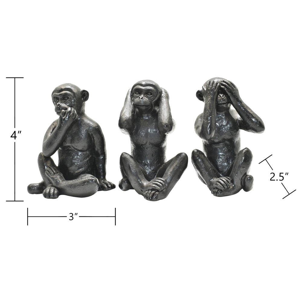 Set of Three Black Resin Monkey Tabletop Sculpture