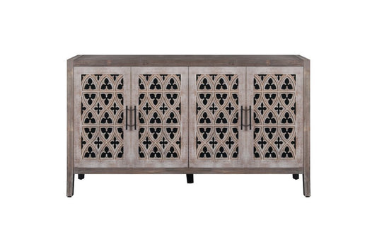 63" Brown Distressed Carved Scrollwork Sideboard with Four Doors