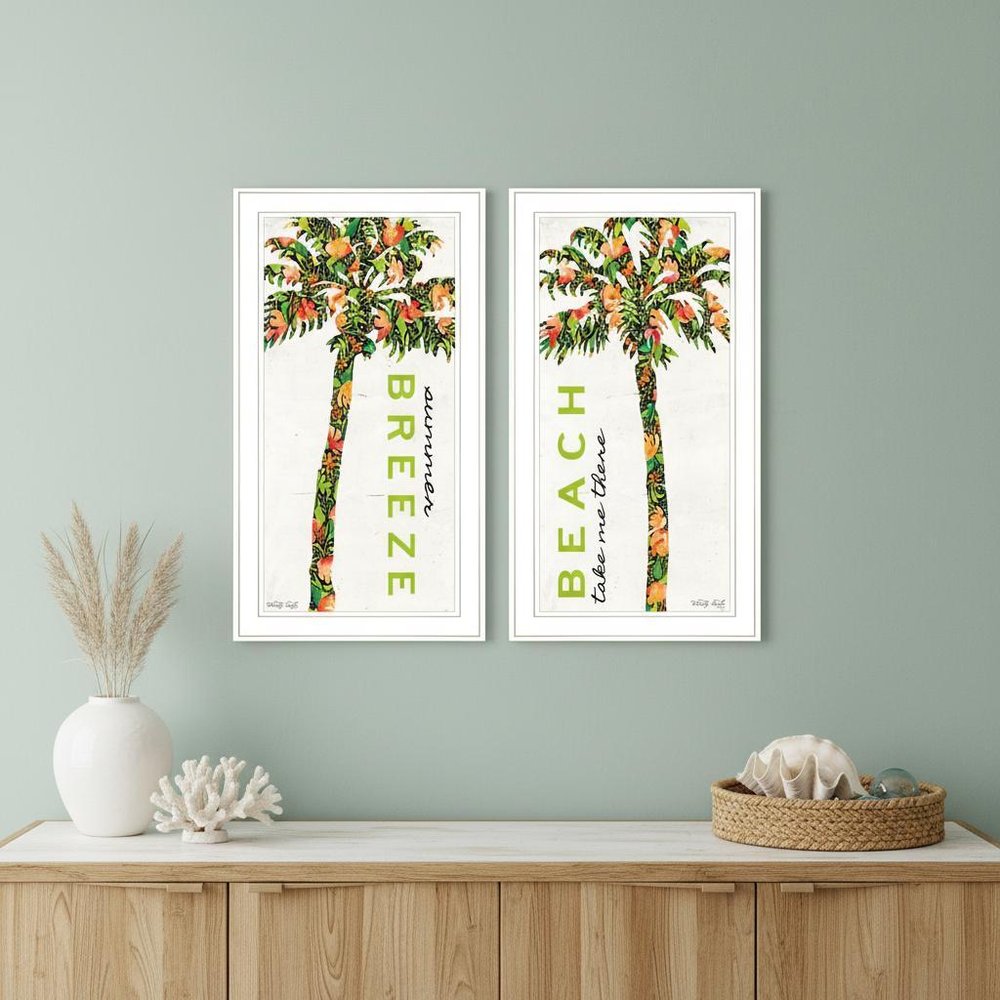 Set Of Two Summer Breeze Funky Palm Trees White Framed Wall Art
